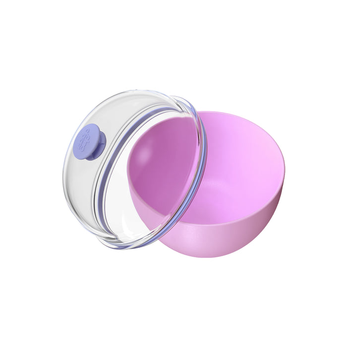 Go Bowl Original M 550ml in Lilac shown with clear lid lifted at an angle beside the lilac  bowl, displaying the interior and the maeve vent button on the transparent lid.