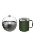 KeepCup Go Far set in Nitro Pine colour, featuring a spherical stainless steel brew vessel with clear domed lid alongside a dark green insulated travel mug with handle and clear sipper lid, shown against a white background.