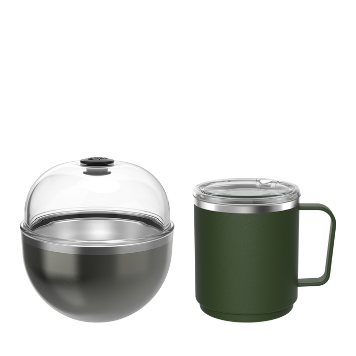 KeepCup Go Far set in Nitro Pine colour, featuring a spherical stainless steel brew vessel with clear domed lid alongside a dark green insulated travel mug with handle and clear sipper lid, shown against a white background.