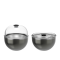 KeepCup Go High Go Low in Nitro, shown in two configurations: left displays the cup with a domed clear lid for high-volume drinks, right shows the same metallic grey cup with a flat clear lid for compact carrying.