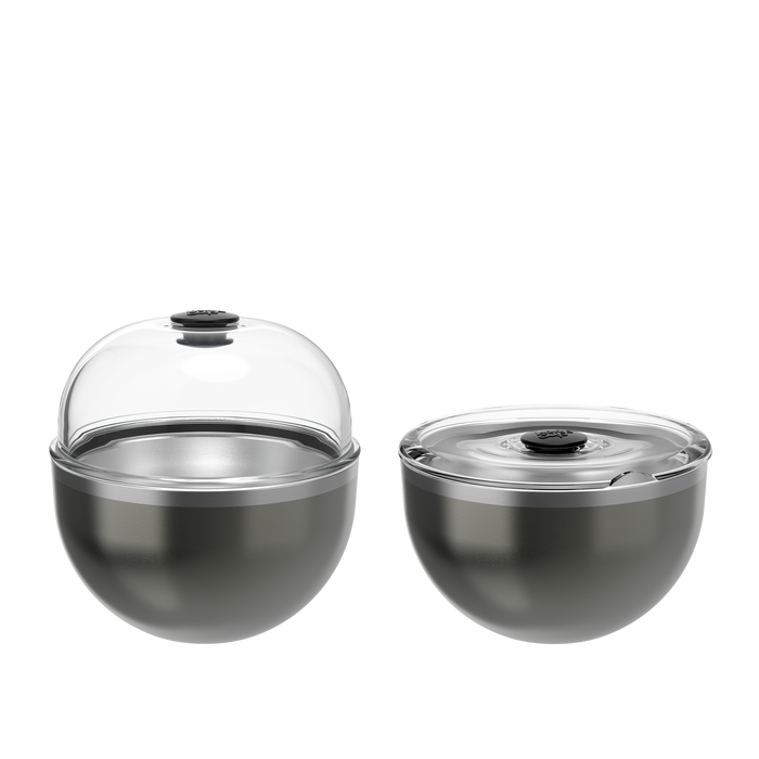 KeepCup Go High Go Low in Nitro, shown in two configurations: left displays the cup with a domed clear lid for high-volume drinks, right shows the same metallic grey cup with a flat clear lid for compact carrying.