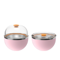 KeepCup Go High Go Low in Pashmak Pink shown with two lid configurations: the left cup features a raised dome lid with orange press-fit closure, while the right displays a flat lid option, both with pink insulated bases and stainless steel trim.