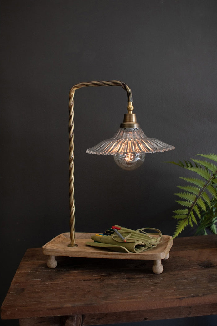 Gooseneck Table Lamp with Wooden Tray Base and Glass Shade