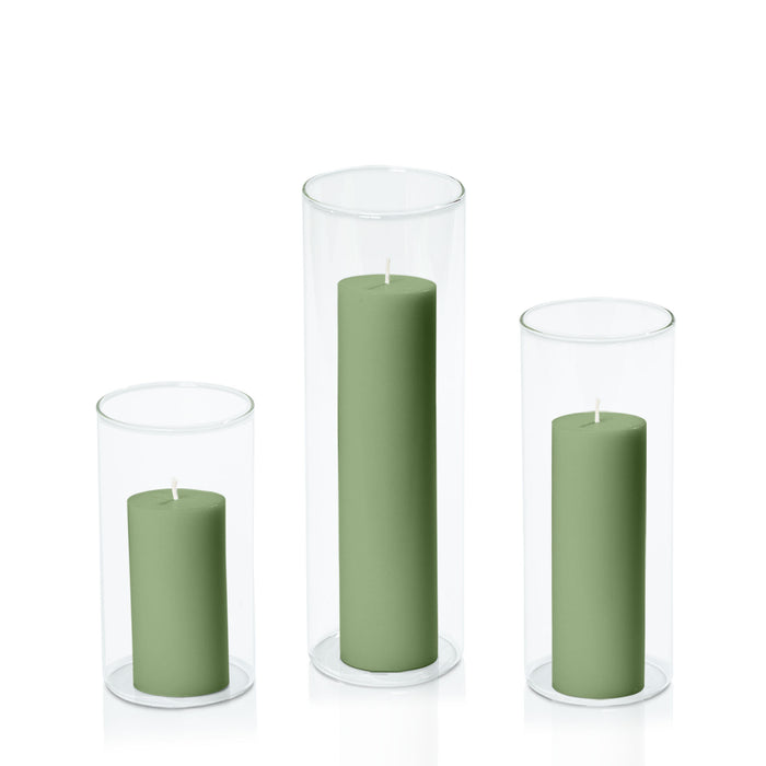 Green 5cm Pillar in 8cm Glass Set - Med Pack of 1