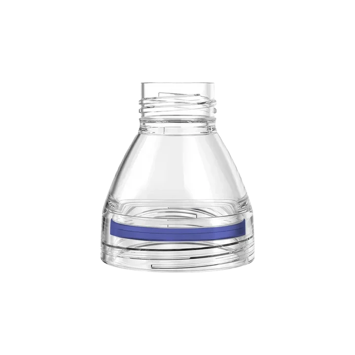 KeepCup Helix Light Bottle Extension in Plastic with Indigo silicone band, shown as a transparent conical component with threaded neck opening, photographed against a white background.