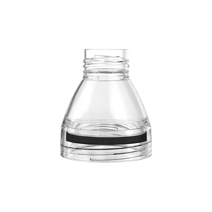 Helix Light Bottle Extension in clear plastic with black silicone band, shown from a front angle displaying the threaded neck opening and conical shape of the transparent component.