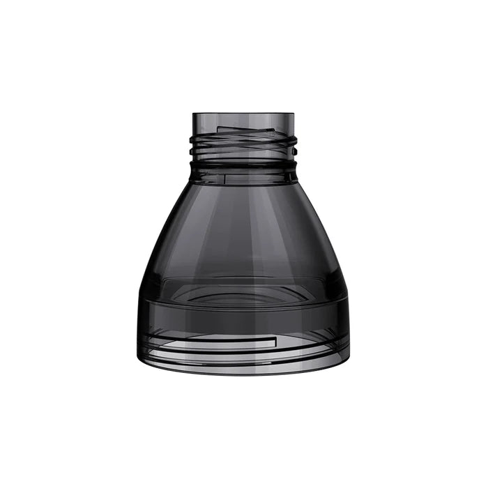 KeepCup Helix Light Bottle Extension in Black Tint, a translucent dark grey plastic component shown from a front angle, featuring a tapered conical shape with screw threads at the top and bottom for attaching to other bottle parts.