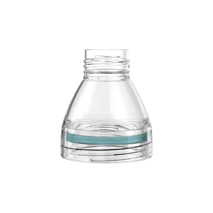 KeepCup Helix Light Bottle Extension in Cloud, a clear plastic conical component with threaded neck and teal silicone band, shown against a white background.