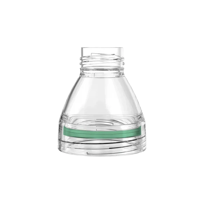 KeepCup Helix Light Bottle Extension in Frost, a clear plastic conical component with threaded neck and green silicone band, shown against a white background.