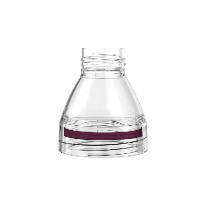 KeepCup Helix Light Bottle Extension in Burgundy, a clear plastic conical component with threaded neck and burgundy silicone band, shown against a white background.