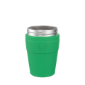 KeepCup Helix Base with Band in Emerald, M 12oz, shown from a front angle against a white background. The reusable cup features a vibrant green band and base with an embossed KeepCup logo, topped with a stainless steel rim.