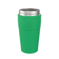 KeepCup Helix Base with Band in Emerald, L 16oz reusable coffee cup featuring a vibrant green exterior with embossed logo and stainless steel rim, shown against a white background.