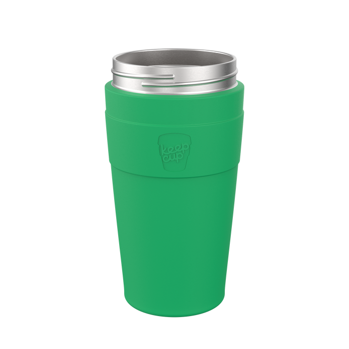 KeepCup Helix Base with Band in Emerald, L 16oz reusable coffee cup featuring a vibrant green exterior with embossed logo and stainless steel rim, shown against a white background.