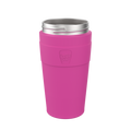 KeepCup Helix Base with Band in Fuchsia, L 16oz, shown upright against a white background, featuring a vibrant pink band and base with an embossed KeepCup logo, topped with a stainless steel lid.