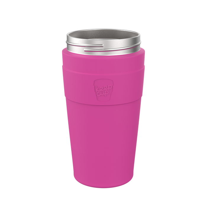 KeepCup Helix Base with Band in Fuchsia, L 16oz, shown upright against a white background, featuring a vibrant pink band and base with an embossed KeepCup logo, topped with a stainless steel lid.
