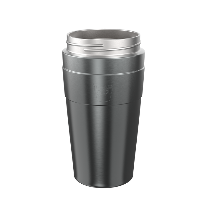 KeepCup Helix Base with Band in Nitro, a large 16oz stainless steel reusable cup in dark gunmetal grey with brushed finish, shown from a front angle against a white background with the embossed KeepCup logo visible on the band.