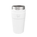 KeepCup Helix Base with Band in White, L 16oz size, shown from a front view against a plain background. The reusable cup features a white exterior with matching band embossed with the KeepCup logo, and a stainless steel lid.