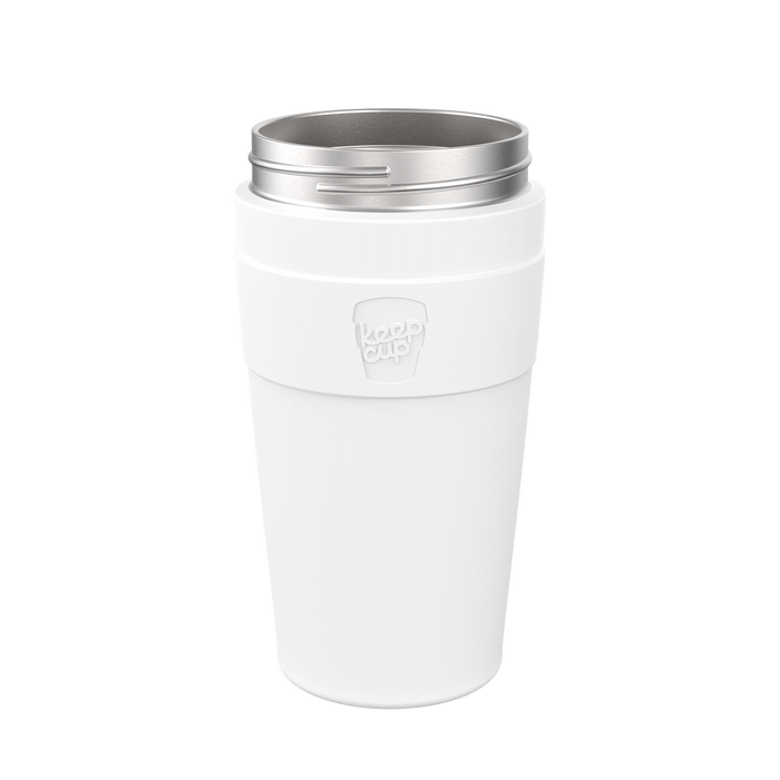 KeepCup Helix Base with Band in White, L 16oz size, shown from a front view against a plain background. The reusable cup features a white exterior with matching band embossed with the KeepCup logo, and a stainless steel lid.