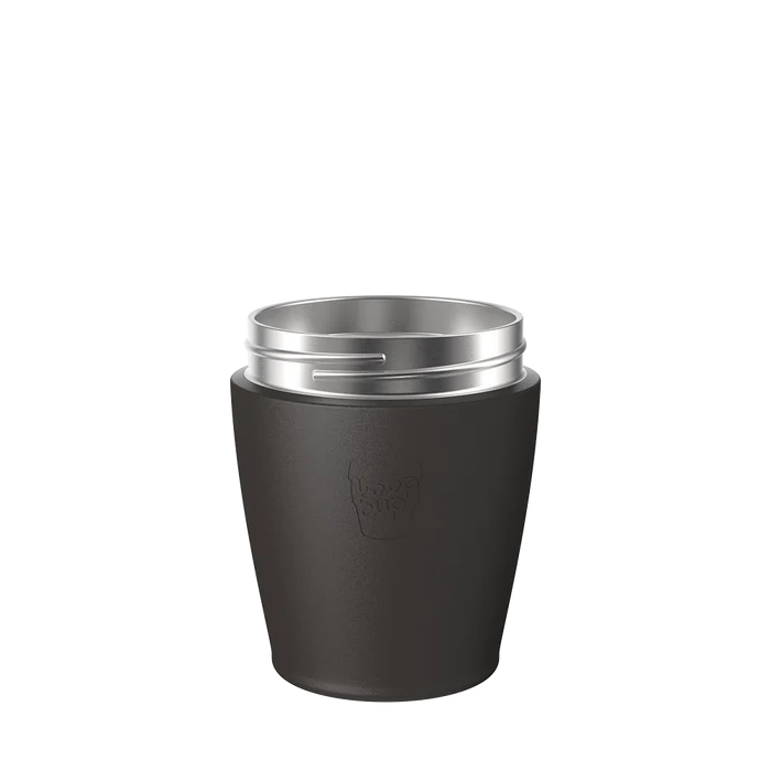 KeepCup Helix Stainless Steel Base in Black, S 8oz size, shown from a front angle against a white background, featuring the embossed KeepCup logo on the dark thermal sleeve and silver stainless steel rim at the top.