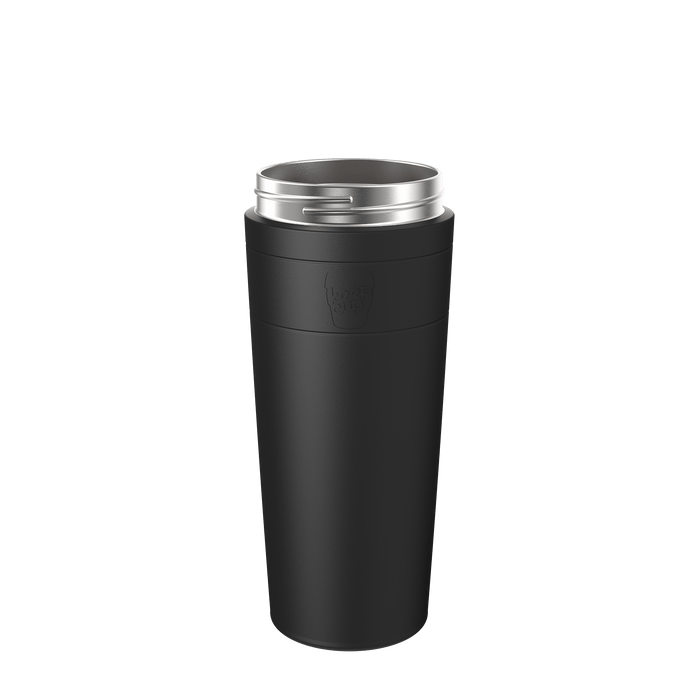 KeepCup Helix Stainless Steel Base in Black, XL 20oz, shown at a slight angle against a white background, featuring a matte black exterior with embossed KeepCup logo and stainless steel rim.