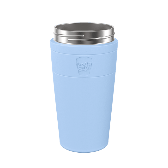 KeepCup Helix Stainless Steel Cup Base in light blue, shown from a front angle against a white background, featuring an embossed KeepCup logo on the band and a stainless steel rim at the top.