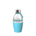 KeepCup Helix Bottle Clear Top in Cloud, 420ml, shown against a white background featuring a clear glass upper section, stainless steel cap, and light blue silicone band and base with the KeepCup logo embossed.