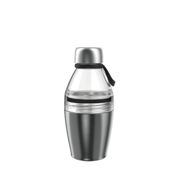 KeepCup Helix Bottle Clear Top 420ml in Nitro, featuring a transparent upper section with clear lid and brushed stainless steel lower cup, shown from the front against a white background with black silicone carry strap visible.