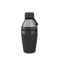 KeepCup Helix Bottle Clear Top 530ml in Black, shown in a front-facing product shot against a white background, featuring a dark grey silicone grip sleeve on the lower portion, transparent grey upper section, and black screw-top lid with carry loop.