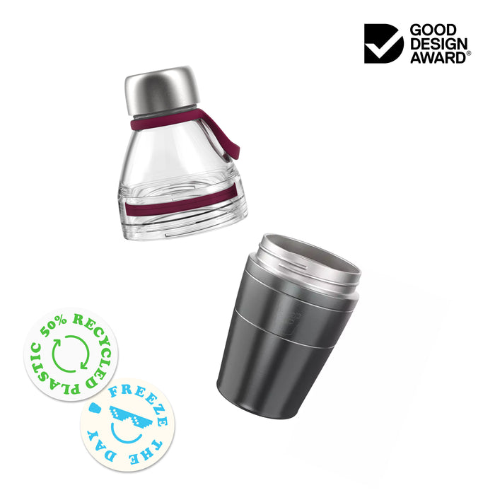 KeepCup Helix Bottle M 530ml shown in an exploded view with the stainless steel cap and carry loop separated from the insulated tumbler body, displaying the product's modular design. Features Good Design Award badge and Freeze the Day logo.