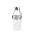 KeepCup Helix Bottle Clear Top 530ml in White, shown in a studio product shot featuring a stainless steel cap, clear upper section with carry loop, and white silicone base sleeve with embossed KeepCup logo.