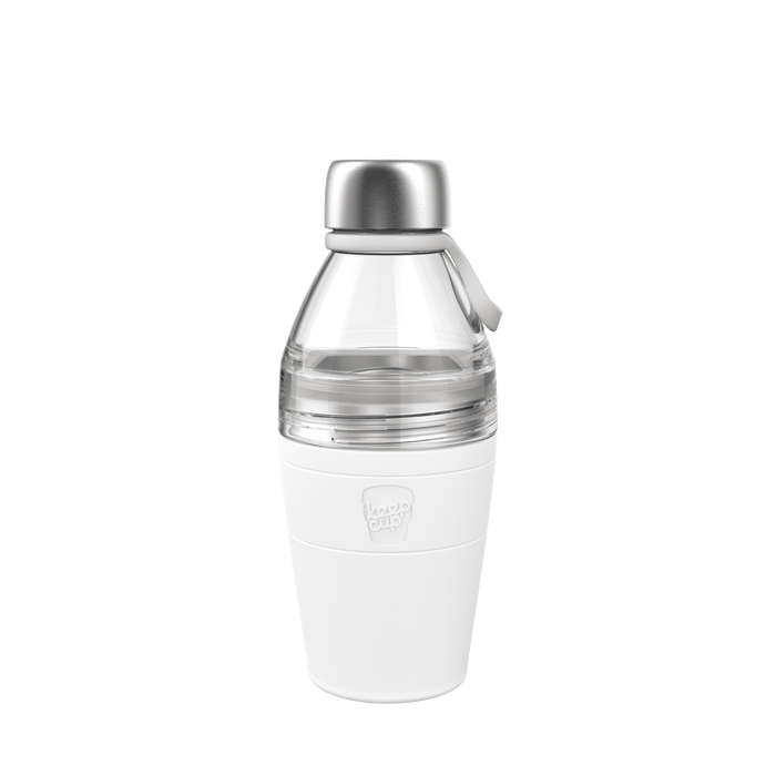 KeepCup Helix Bottle Clear Top 530ml in White, shown in a studio product shot featuring a stainless steel cap, clear upper section with carry loop, and white silicone base sleeve with embossed KeepCup logo.