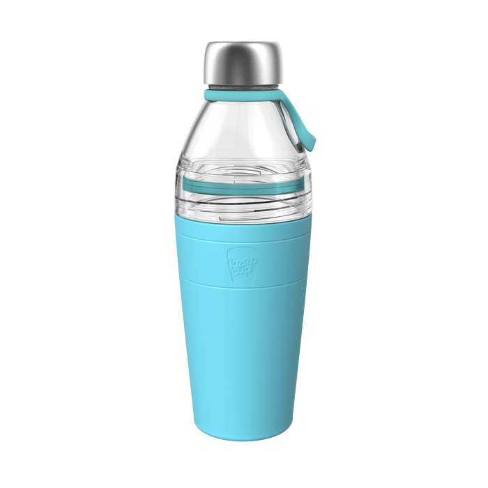 KeepCup Helix Bottle Clear Top 660ml in Cloud colour, featuring a transparent glass upper section with silver stainless steel cap, teal carry loop, and light blue silicone sleeve with embossed KeepCup logo, shown against a white background.