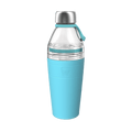 KeepCup Helix Bottle Clear Top 660ml in Cloud colour, featuring a transparent glass upper section with silver stainless steel cap, teal carry loop, and light blue silicone sleeve with embossed KeepCup logo, shown against a white background.