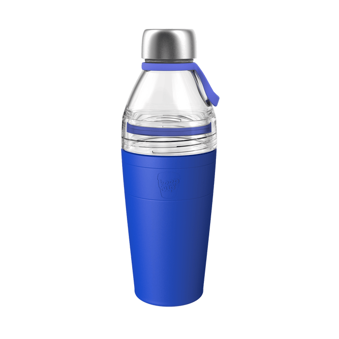 KeepCup Helix Bottle Clear Top 660ml in Electric, featuring a vibrant blue silicone sleeve, clear upper section, silver stainless steel cap, and matching blue carry loop, shown against a white background.