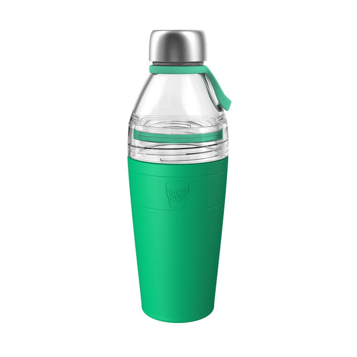 KeepCup Helix Bottle Clear Top in Emerald, 660ml, shown against a white background featuring a clear glass upper section with stainless steel cap, silicone carry loop, and green silicone sleeve with embossed KeepCup logo.