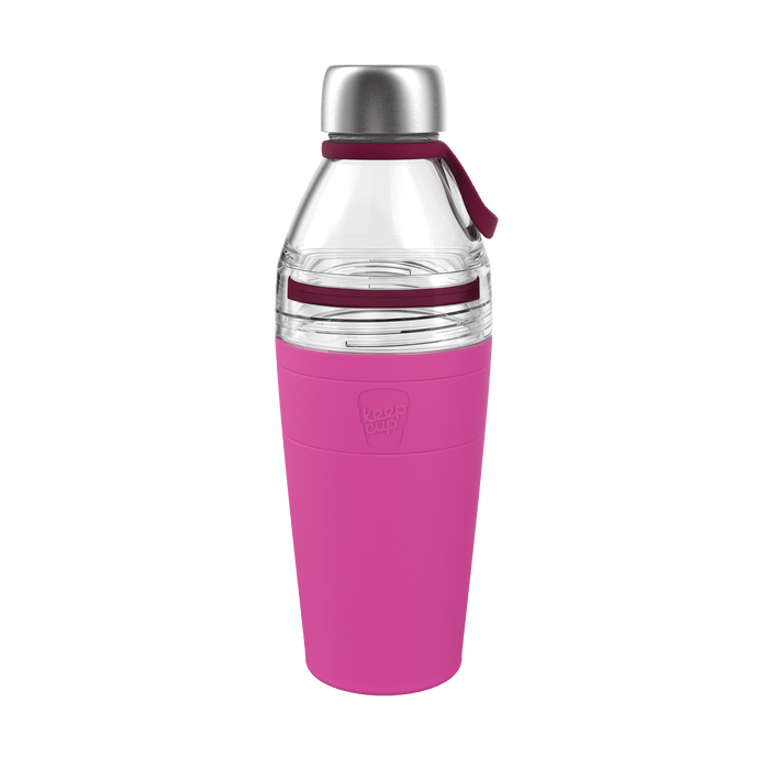 KeepCup Helix Bottle Clear Top 660ml in Fuchsia, shown in a studio shot against a white background, featuring a clear glass upper section with stainless steel cap, burgundy carry loop, and pink silicone sleeve with embossed KeepCup logo.