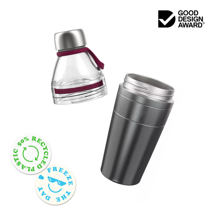 KeepCup Helix Bottle colour shown in an exploded view with the stainless steel lid and carry loop separated from the 660ml insulated bottle body, displaying the Good Design Award badge and Freeze The Day logo.