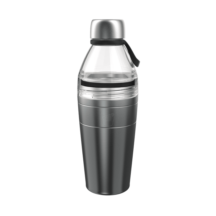 KeepCup Helix Bottle Clear Top in Nitro, 660ml, shown in a front-facing studio shot featuring a brushed stainless steel base with clear plastic upper section, silver lid and black carry strap.