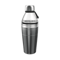 KeepCup Helix Bottle Clear Top in Nitro, 660ml, shown in a front-facing studio shot featuring a brushed stainless steel base with clear plastic upper section, silver lid and black carry strap.