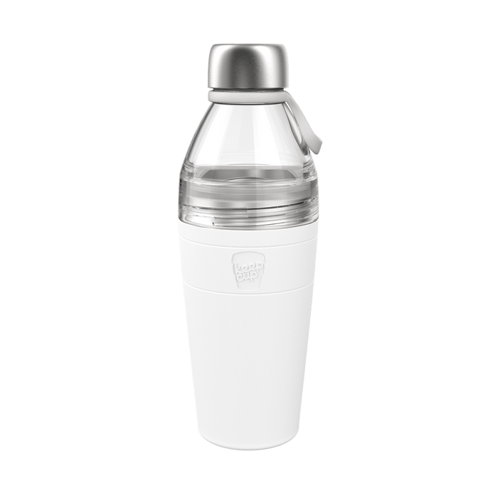 KeepCup Helix Bottle Clear Top 660ml in White, featuring a clear glass upper section with stainless steel cap and carry loop, and a white insulated base with embossed KeepCup logo, shown against a plain white background.