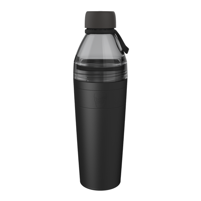 KeepCup Helix Bottle Clear Top 770ml in Black, shown at a slight angle against a white background, featuring a dark tinted clear top section with carry loop, matte black insulated base, and embossed KeepCup logo.