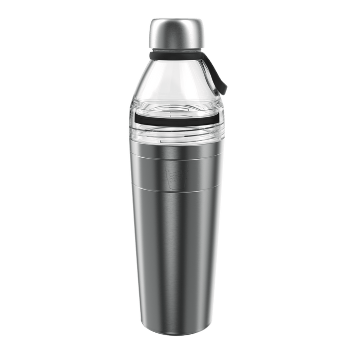 KeepCup Helix Bottle Clear Top in Nitro, 770ml, shown from a front angle featuring a brushed stainless steel lower body, clear plastic upper section with black silicone band, and a stainless steel cap with black carry loop.