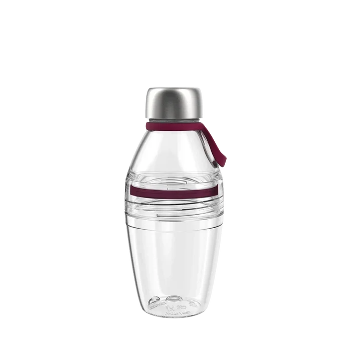 KeepCup Helix Light Bottle 530ml in Burgundy, featuring a clear plastic body with burgundy silicone carry strap and accent band, topped with a brushed stainless steel lid, shown against a white background.