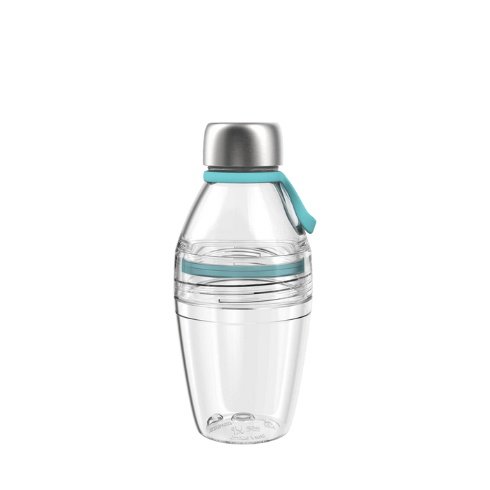 KeepCup Helix Light Bottle 530ml in Cloud, featuring a clear plastic body with teal silicone carry loop and accent band, topped with a brushed stainless steel lid, shown against a white background.