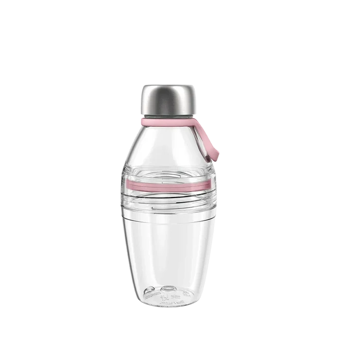 KeepCup Helix Light Bottle 530ml in Pashmak Pink, shown in a straight-on product shot featuring a clear reusable bottle with stainless steel cap, pink silicone carry strap, and matching pink accent band around the middle section.