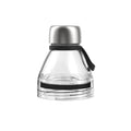 KeepCup Helix Light Bottle Lid in Clear and Black, shown from the front on a white background, featuring a brushed stainless steel cap, clear plastic body with black silicone band, and an attached black carry loop.