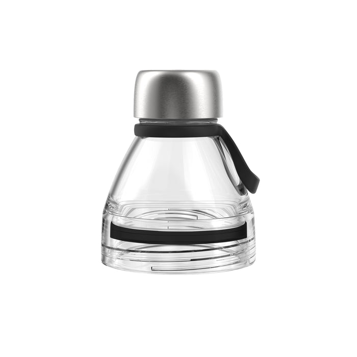 KeepCup Helix Light Bottle Lid in Clear and Black, shown from the front on a white background, featuring a brushed stainless steel cap, clear plastic body with black silicone band, and an attached black carry loop.