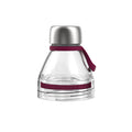 KeepCup Helix Light Bottle Lid in Clear with Burgundy accents, shown from the front featuring a brushed stainless steel cap, transparent body with horizontal ridged detailing, and a burgundy silicone carrying loop and centre band.