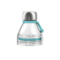 KeepCup Helix Light Bottle Lid in Clear with Cloud coloured accents, shown assembled on a clear bottle base against a white background, featuring a brushed stainless steel cap and teal silicone carry loop.
