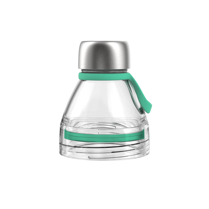 KeepCup Helix Light Bottle Lid in Clear/Frost, featuring a transparent tapered body with mint green silicone accents and carrying loop, topped with a brushed stainless steel cap, shown against a white background.